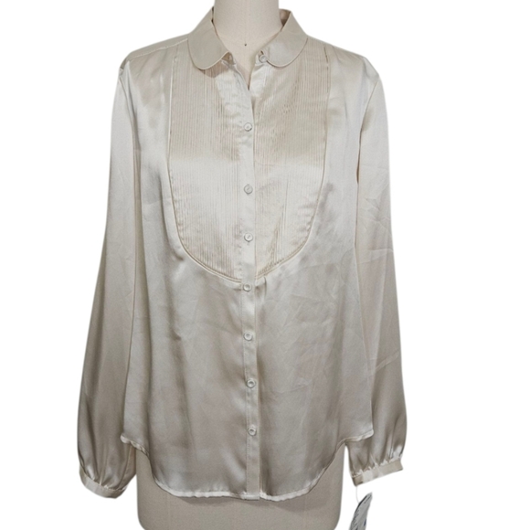 Liz Claiborne Pintuck-Detail Long Sleeve Silk Shirt in Beige Size Large Petite - Picture 1 of 15